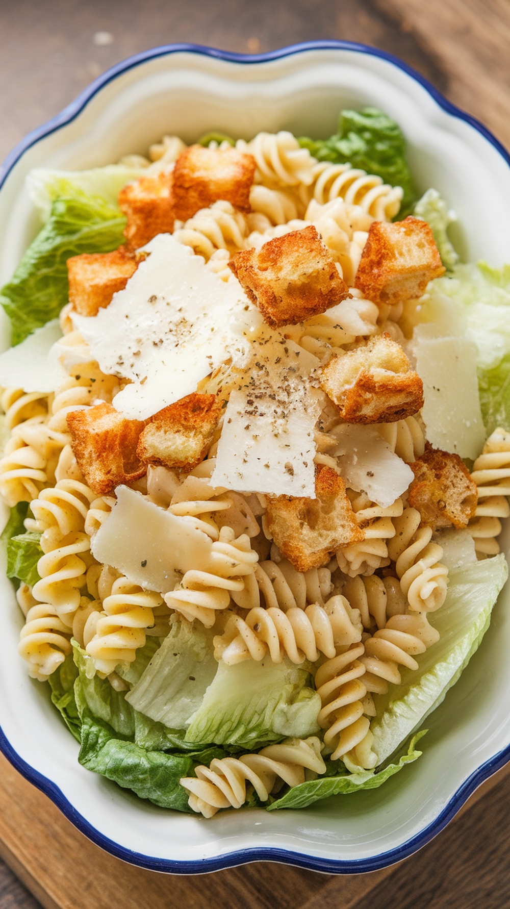 A bowl of Classic Caesar Pasta Salad with rotini pasta, romaine lettuce, croutons, and Parmesan cheese.