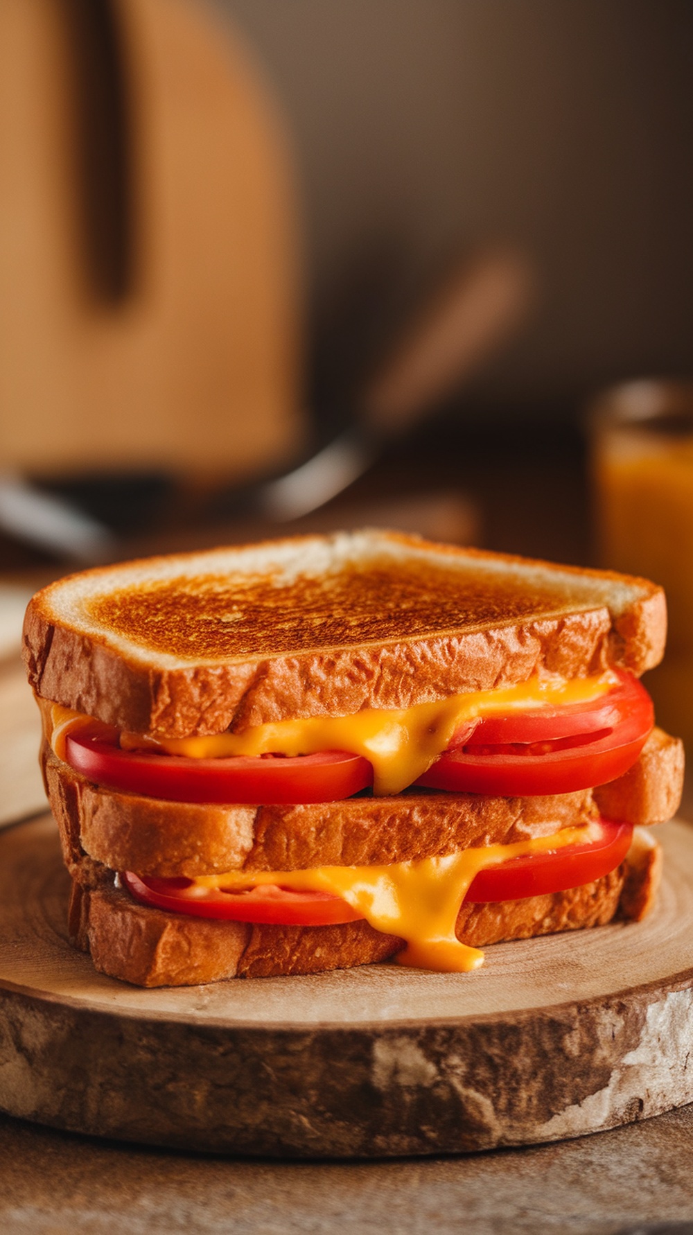 A delicious grilled cheese sandwich with cheddar cheese and tomato, served on a wooden board.
