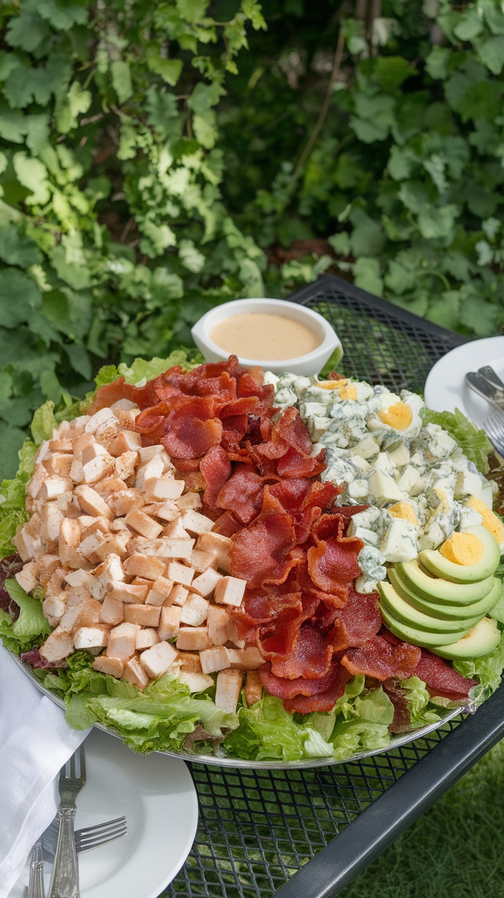 A colorful Classic Cobb Salad with layers of ingredients including chicken, bacon, avocado, and blue cheese.
