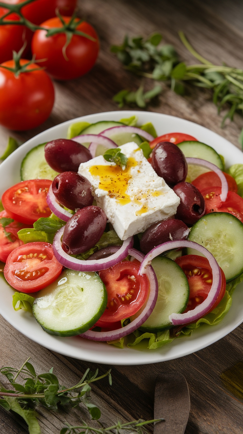 A classic Greek salad with tomatoes, cucumbers, olives, and feta cheese on a white plate.