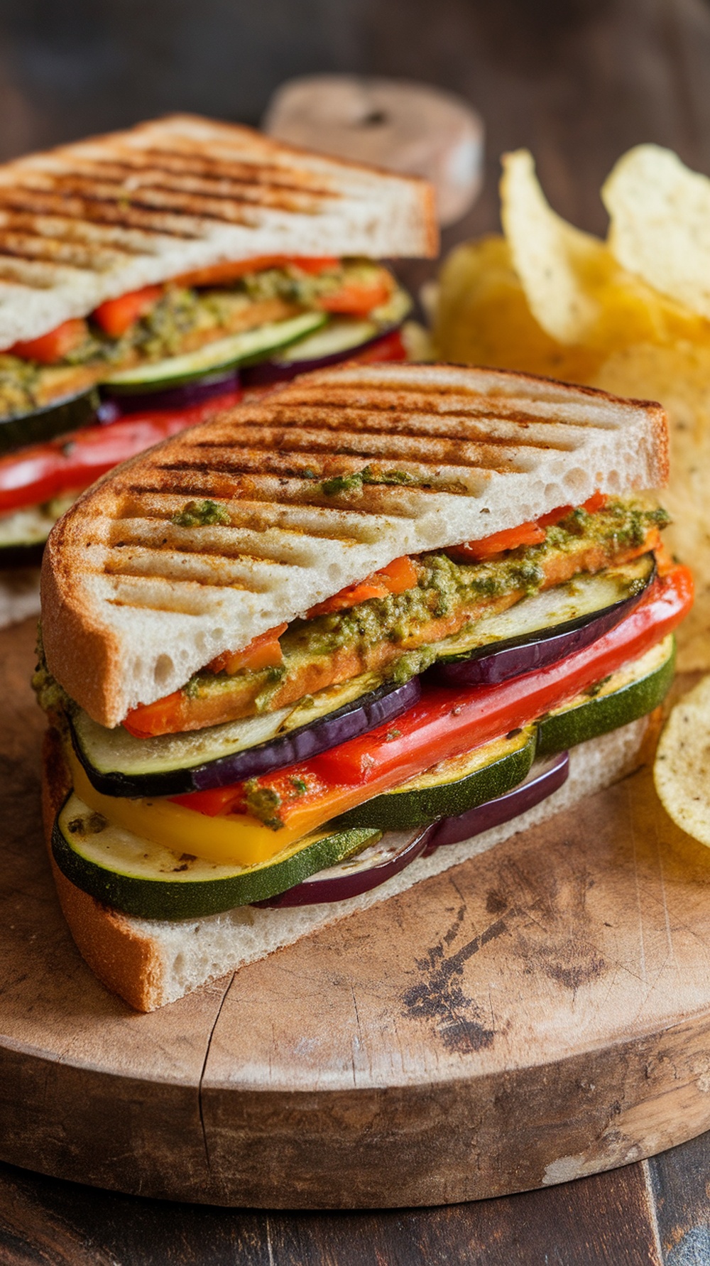 A classic grilled vegetable sandwich with pesto, featuring layers of colorful vegetables between slices of toasted bread.