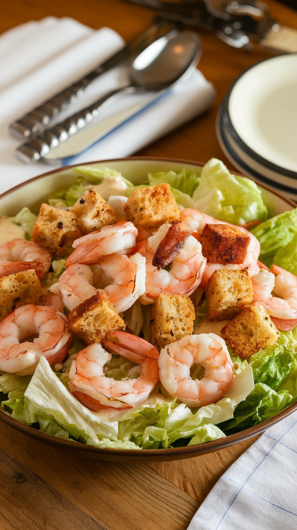 A bowl of Classic Shrimp Caesar Salad with shrimp, croutons, and lettuce.