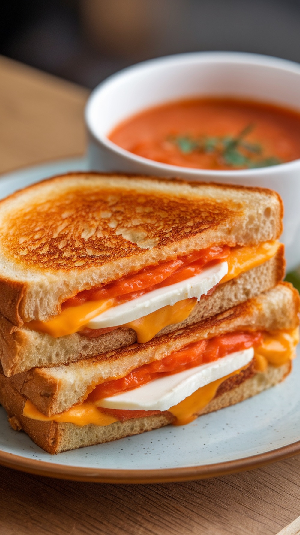 A classic three-cheese grilled cheese sandwich served with a bowl of tomato soup.