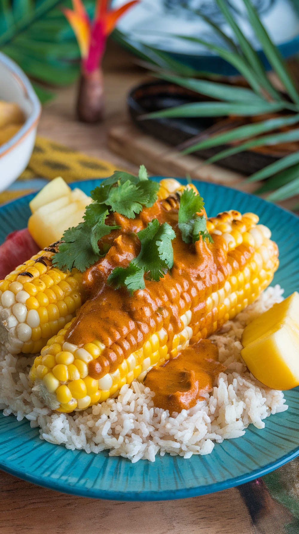 Grilled corn on the cob topped with coconut curry sauce and garnished with cilantro, served on a blue plate with rice and fruit.