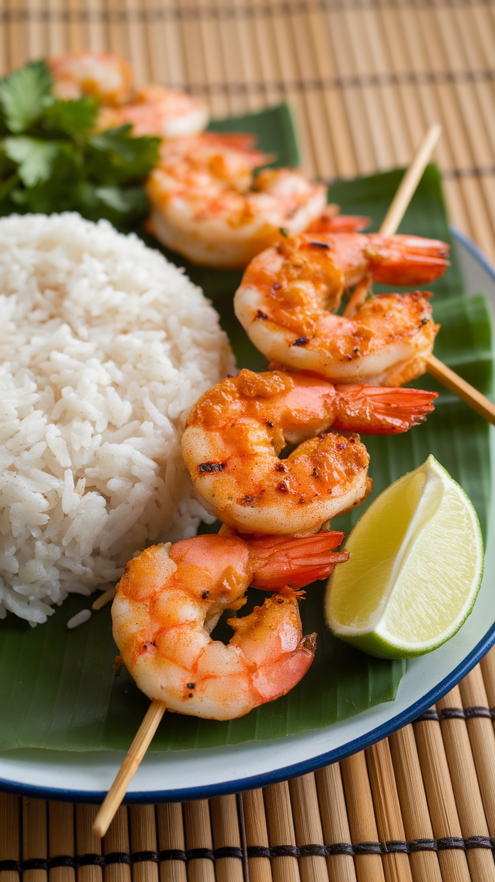 Coconut Curry Grilled Shrimp Skewers served with rice and lime