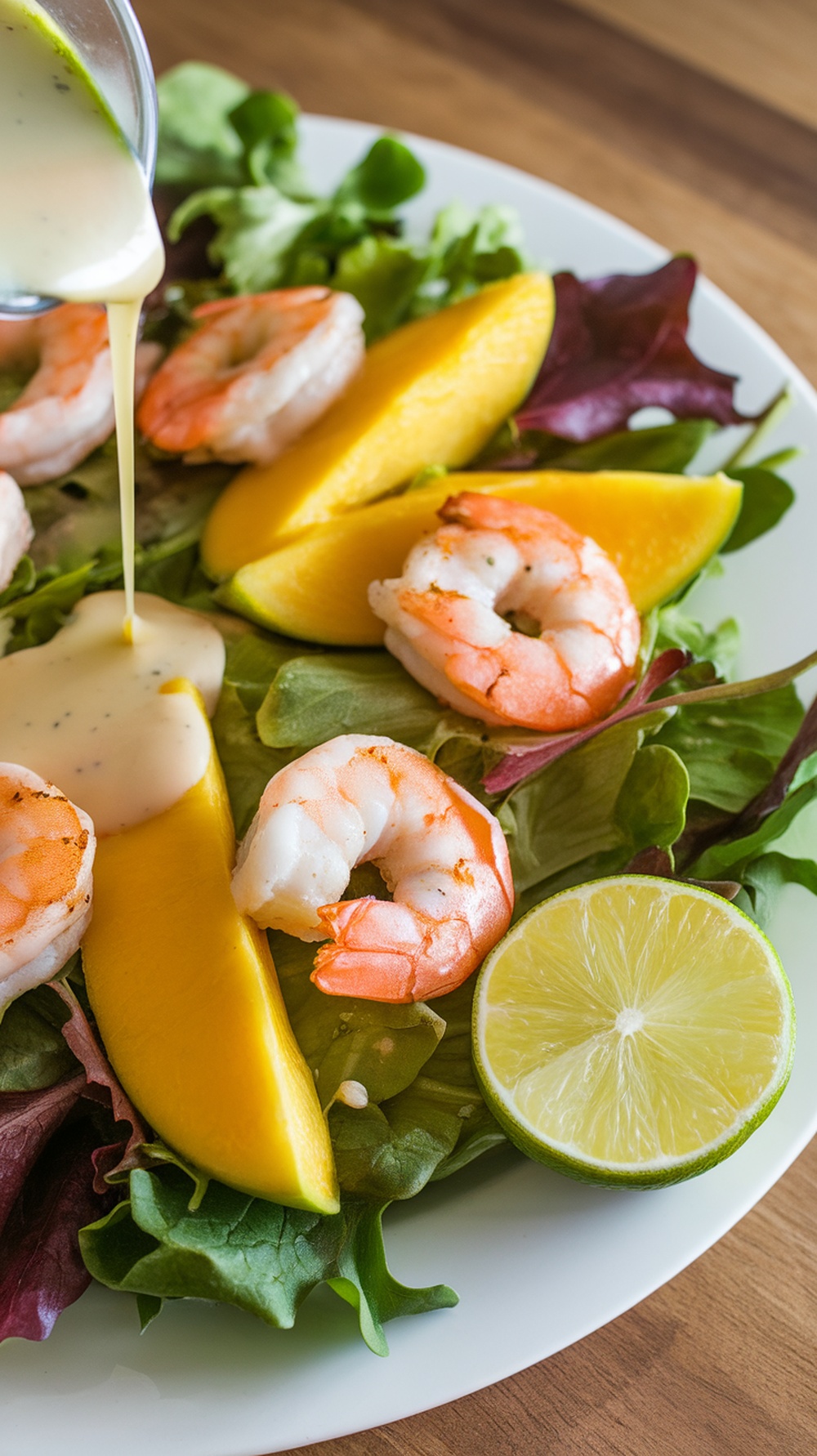 A vibrant Coconut Lime Grilled Shrimp Salad with shrimp, mango slices, and lime on a bed of greens.