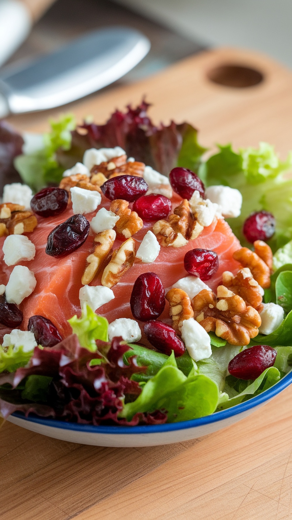 A colorful bowl of cranberry walnut salmon salad with greens, walnuts, cranberries, and feta cheese.