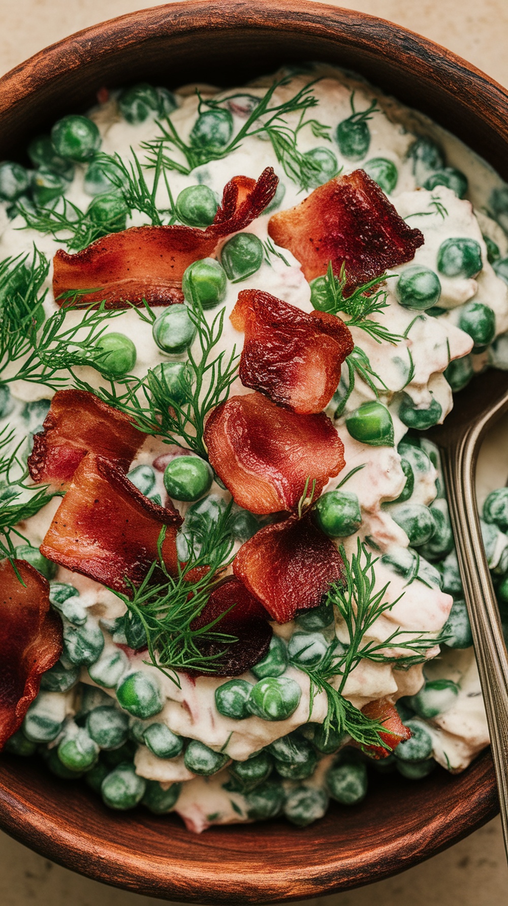 A bowl of creamy dill pea salad topped with crispy bacon and fresh dill.