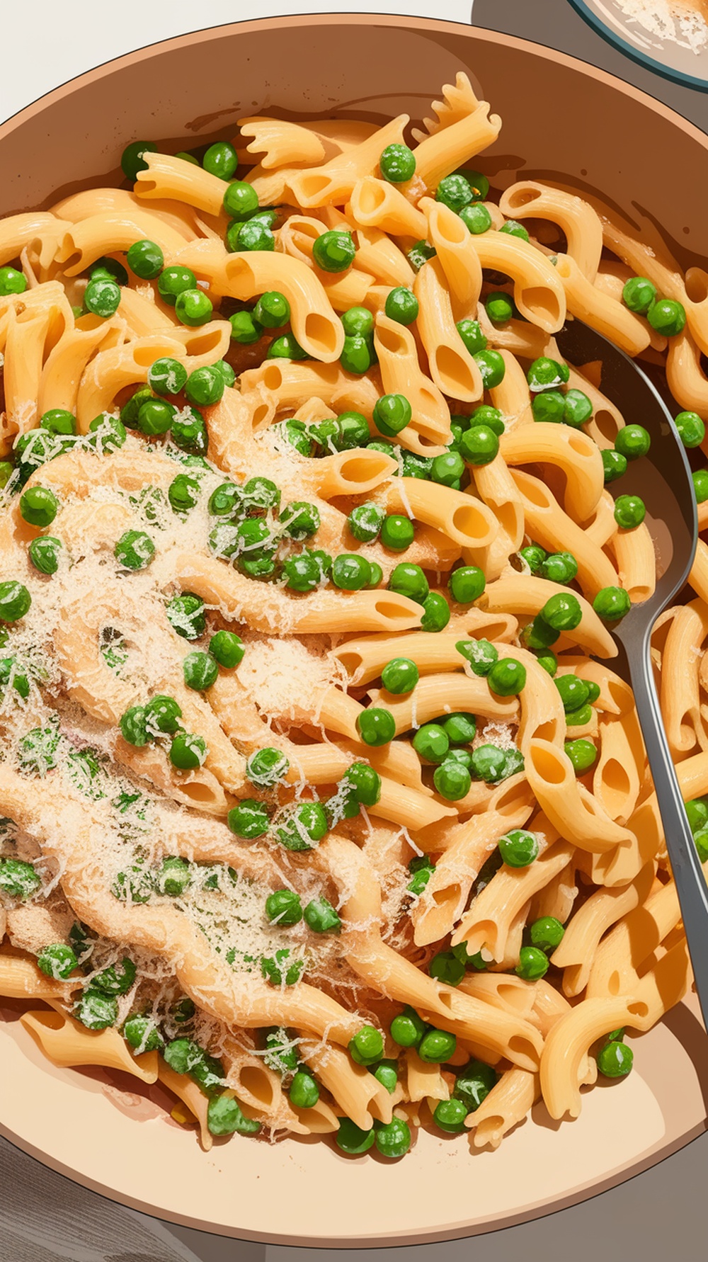 A bowl of creamy pea and pasta salad with Parmesan cheese sprinkled on top.