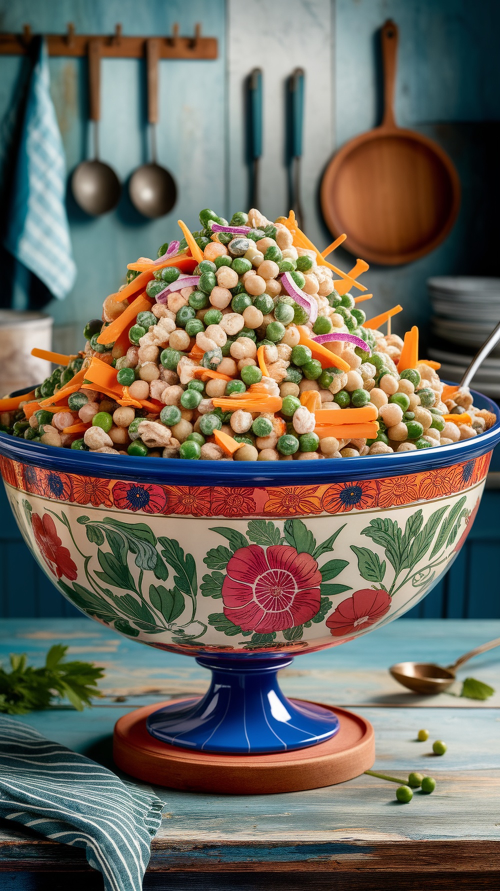 A colorful creamy pea salad with cheddar cheese and red onion in a decorative bowl.