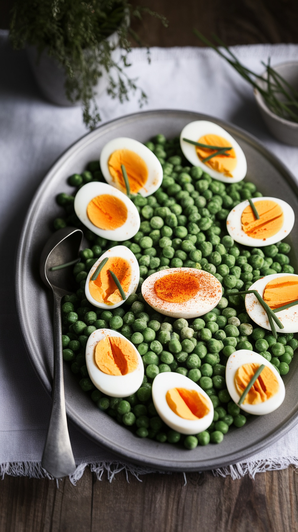 A creamy pea salad with hard-boiled eggs arranged beautifully on a platter.