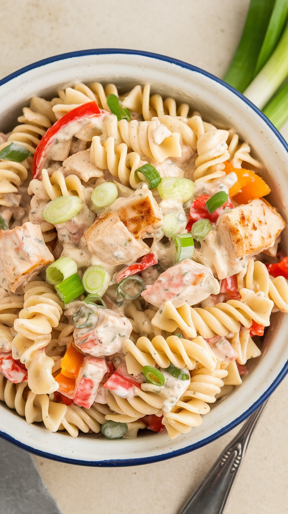 A bowl of creamy ranch pasta salad with chicken and colorful veggies.