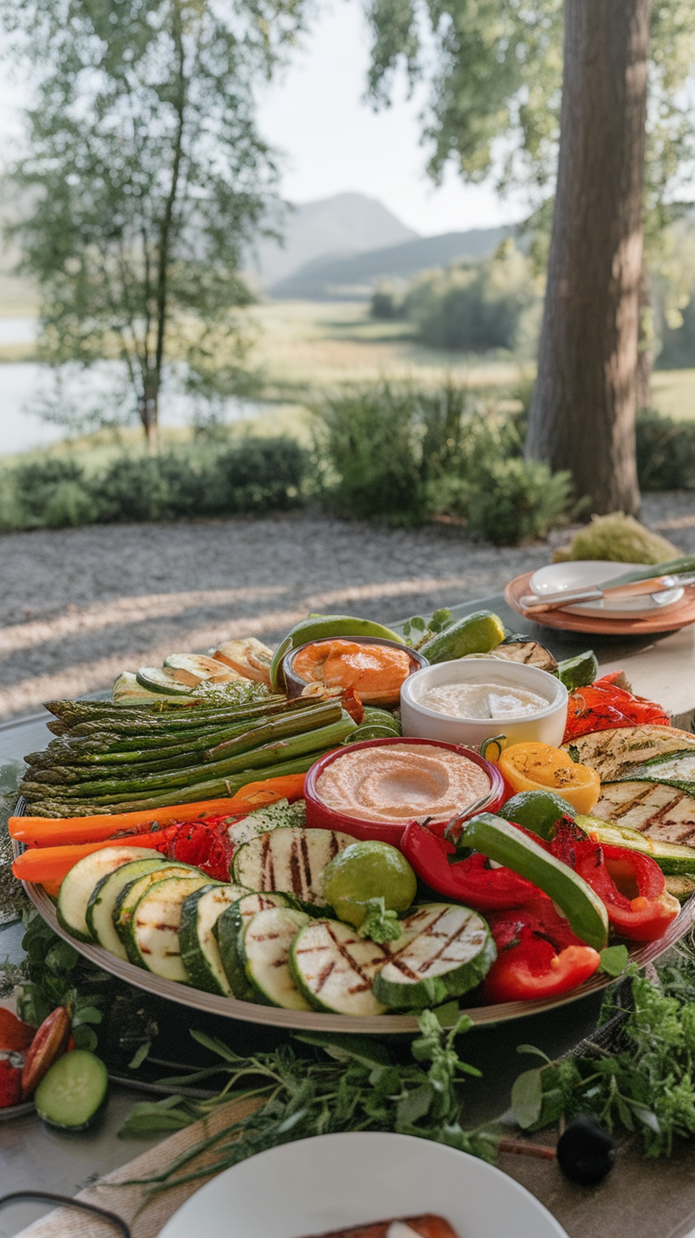 Colorful grilled vegetable platter with dips, featuring zucchini, bell peppers, asparagus, and various sauces.