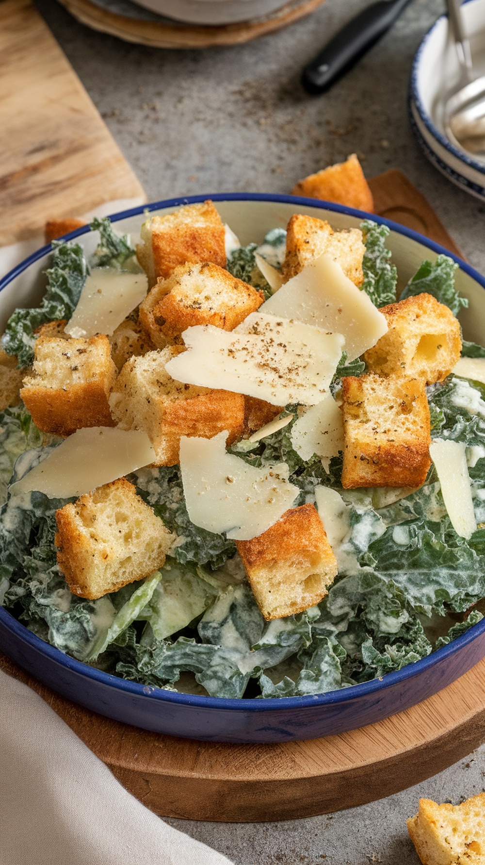 A bowl of crispy kale Caesar salad topped with croutons and Parmesan cheese.