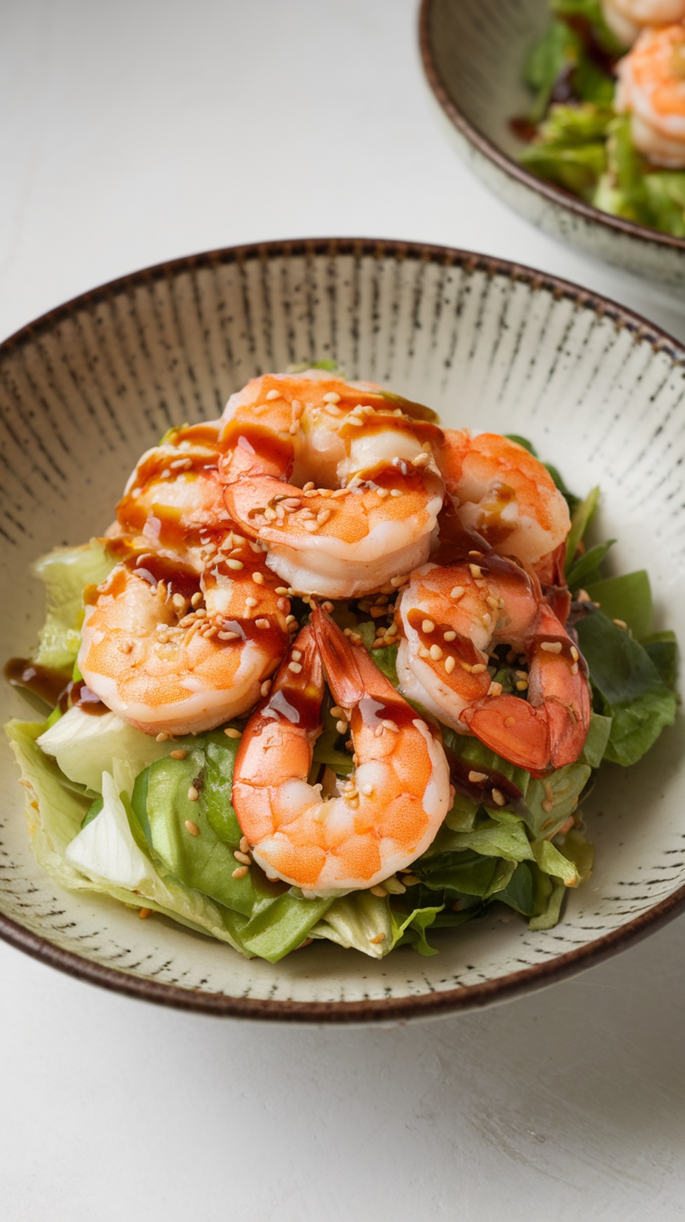 A bowl of crispy shrimp salad topped with sesame seeds and a sesame ginger dressing.