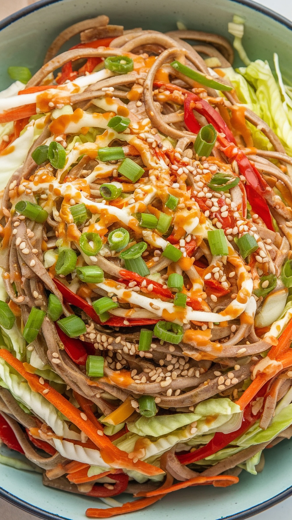 A colorful bowl of Crunchy Asian Pasta Salad with sesame dressing, featuring soba noodles, fresh vegetables, and sesame seeds.