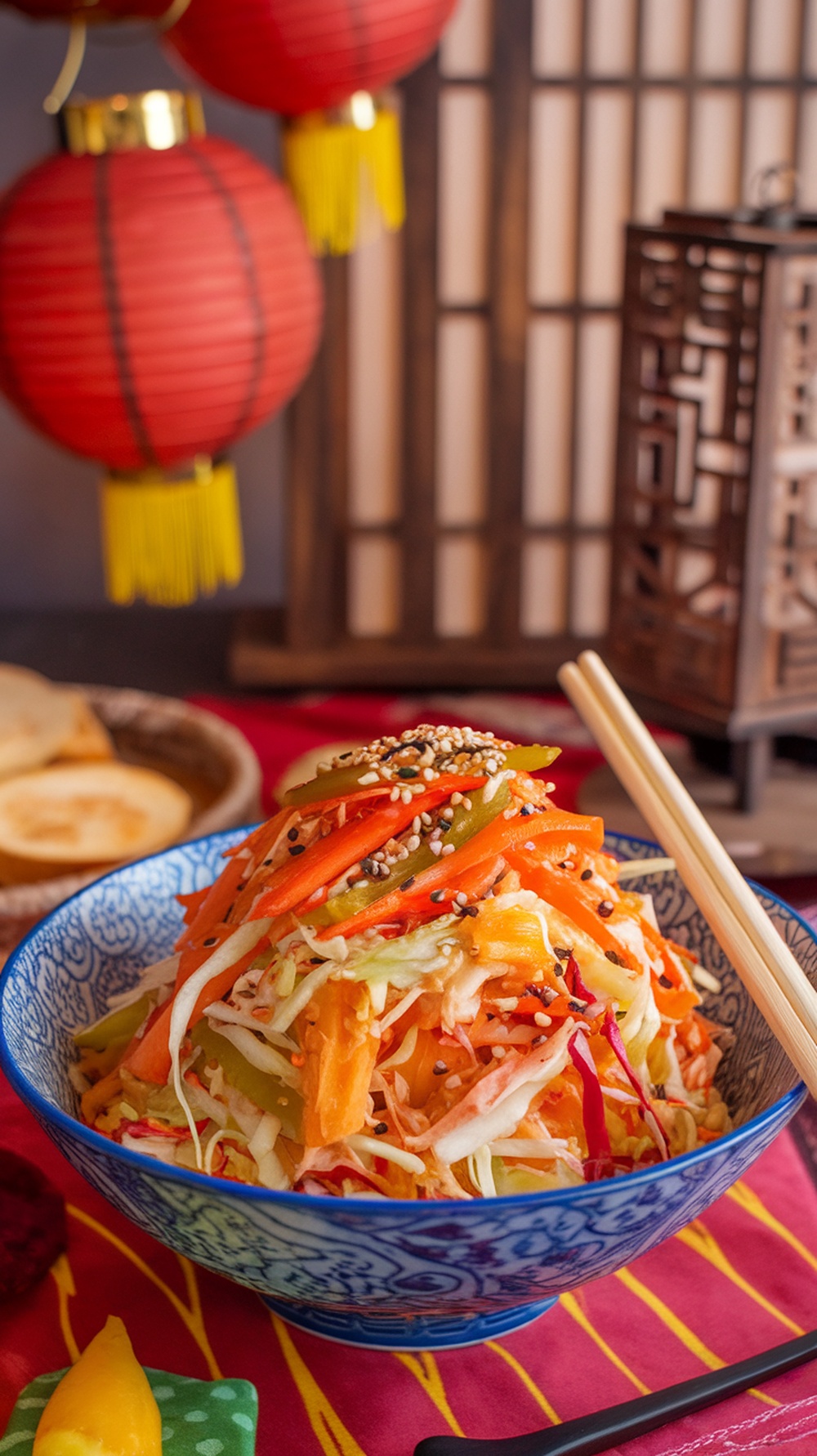 A vibrant bowl of crunchy Asian slaw with colorful vegetables and sesame seeds.