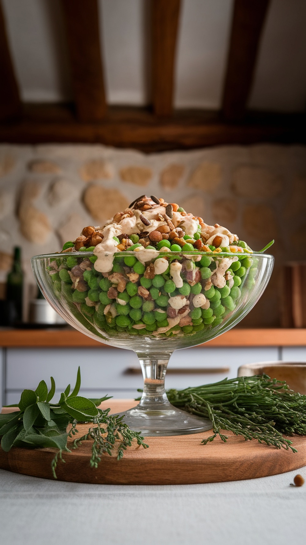 A glass bowl filled with a creamy pea salad topped with nuts and seeds, placed on a wooden board with herbs around it.