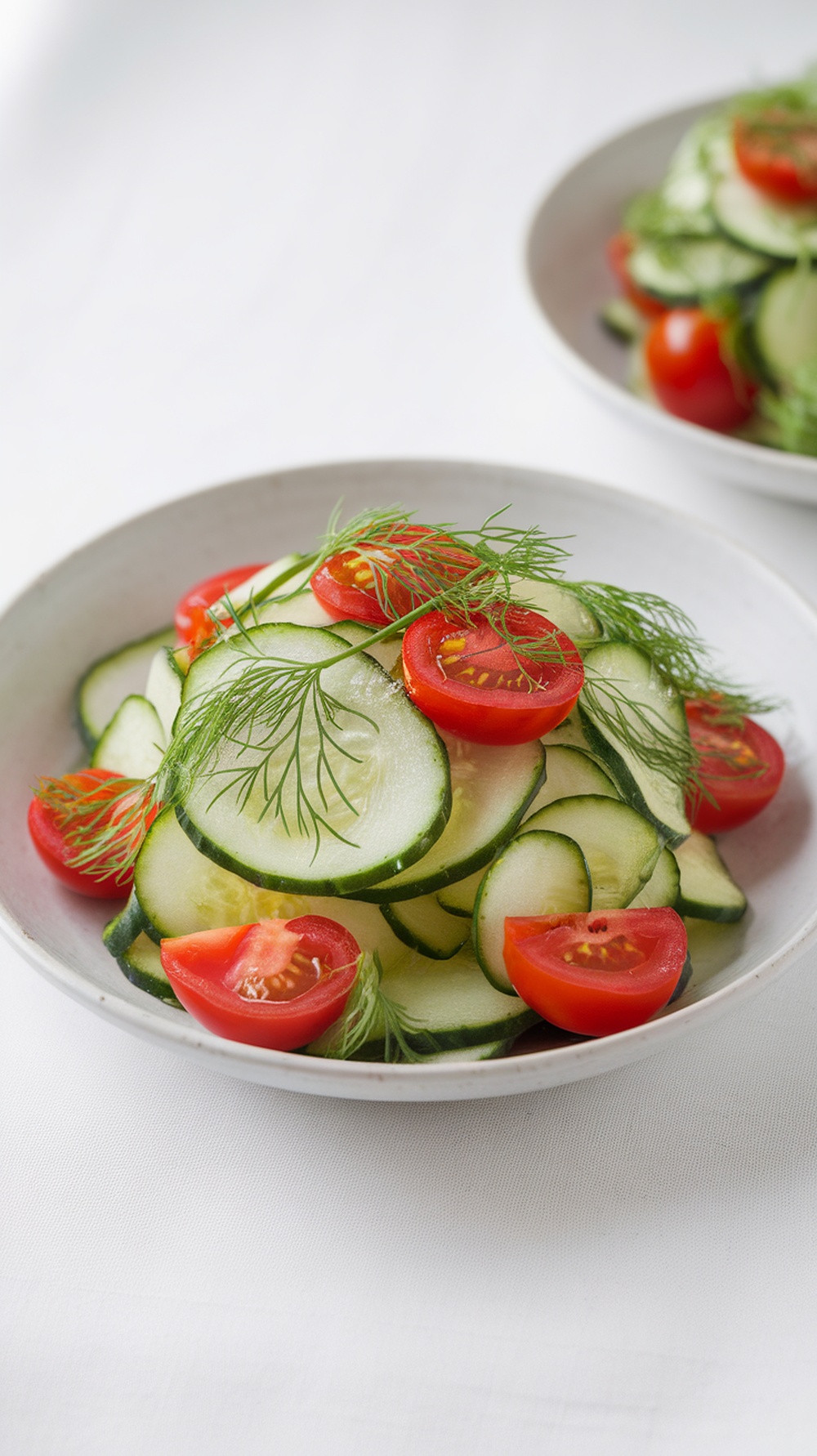 A fresh cucumber and tomato salad garnished with dill, served in a bowl.