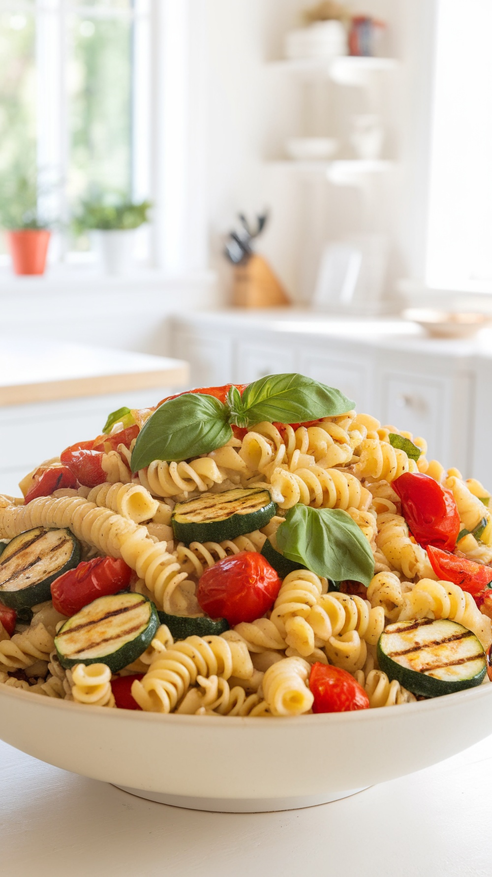 A colorful bowl of grilled vegetable pasta salad with rotini, zucchini, and cherry tomatoes.