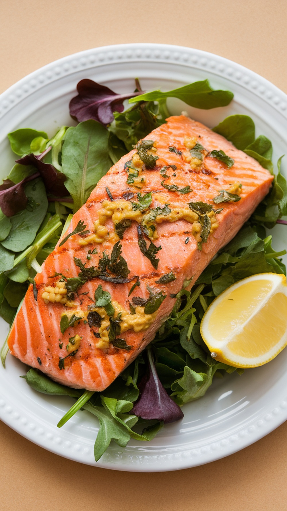 A plate of grilled salmon with Dijon herb marinade on a bed of greens, garnished with lemon.