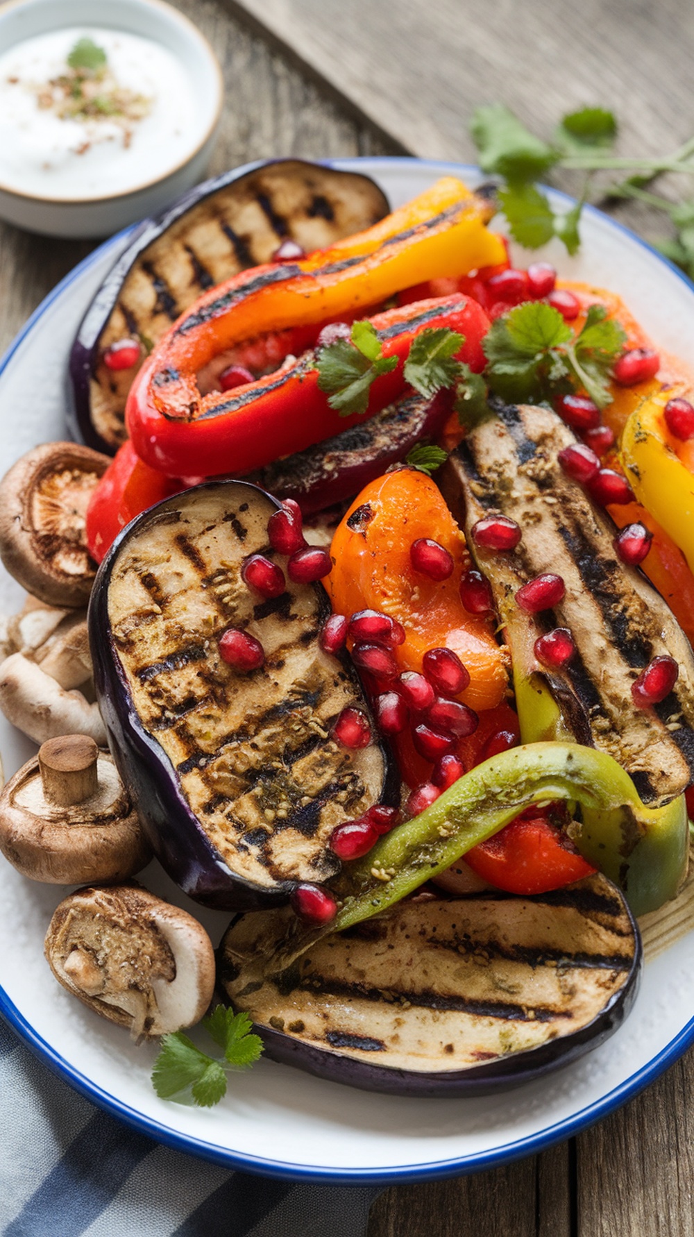 A colorful grilled vegetable platter featuring eggplant, bell peppers, and mushrooms, garnished with pomegranate seeds and cilantro.