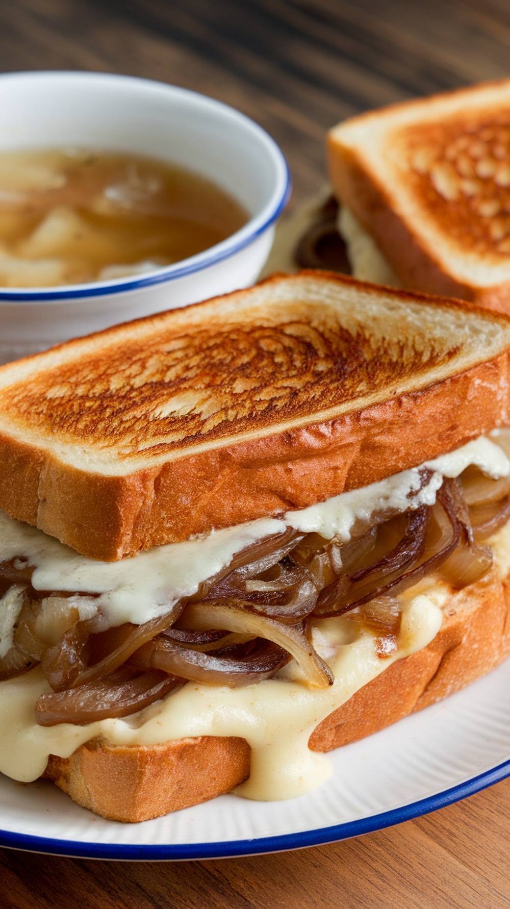 A delicious French Onion Soup Grilled Cheese sandwich served with a bowl of soup.