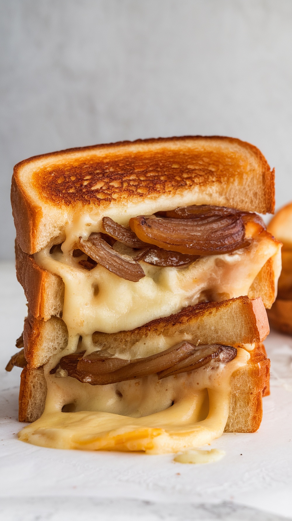 A delicious French Onion Soup Grilled Cheese sandwich with melted cheese and caramelized onions.