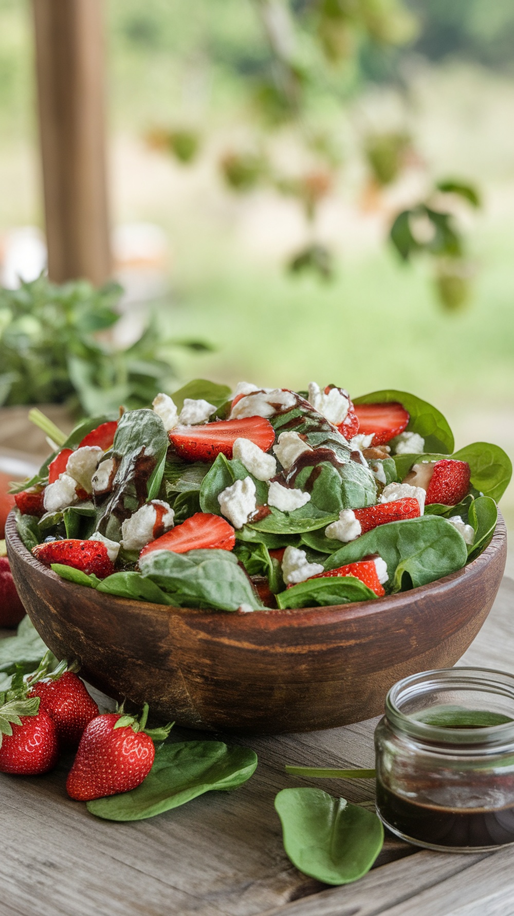 A fresh spinach salad with strawberries and goat cheese in a wooden bowl