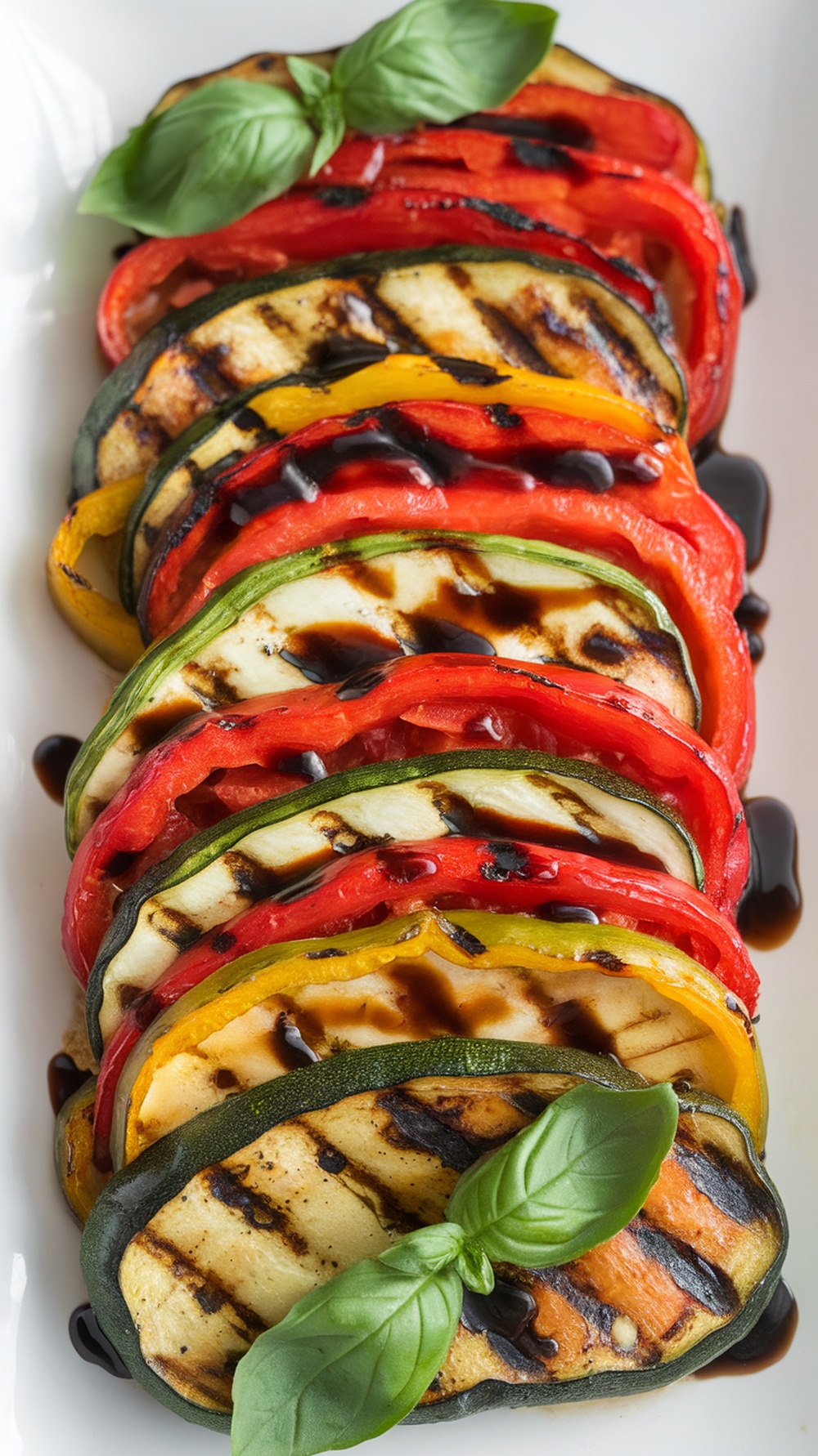 A colorful platter of grilled ratatouille featuring sliced zucchini, bell peppers, and eggplant, garnished with basil and drizzled with balsamic glaze.