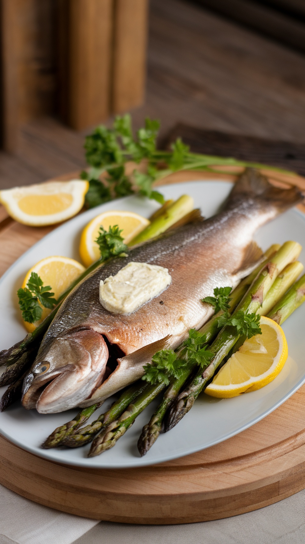 Grilled trout with garlic butter and asparagus on a plate, garnished with lemon slices.