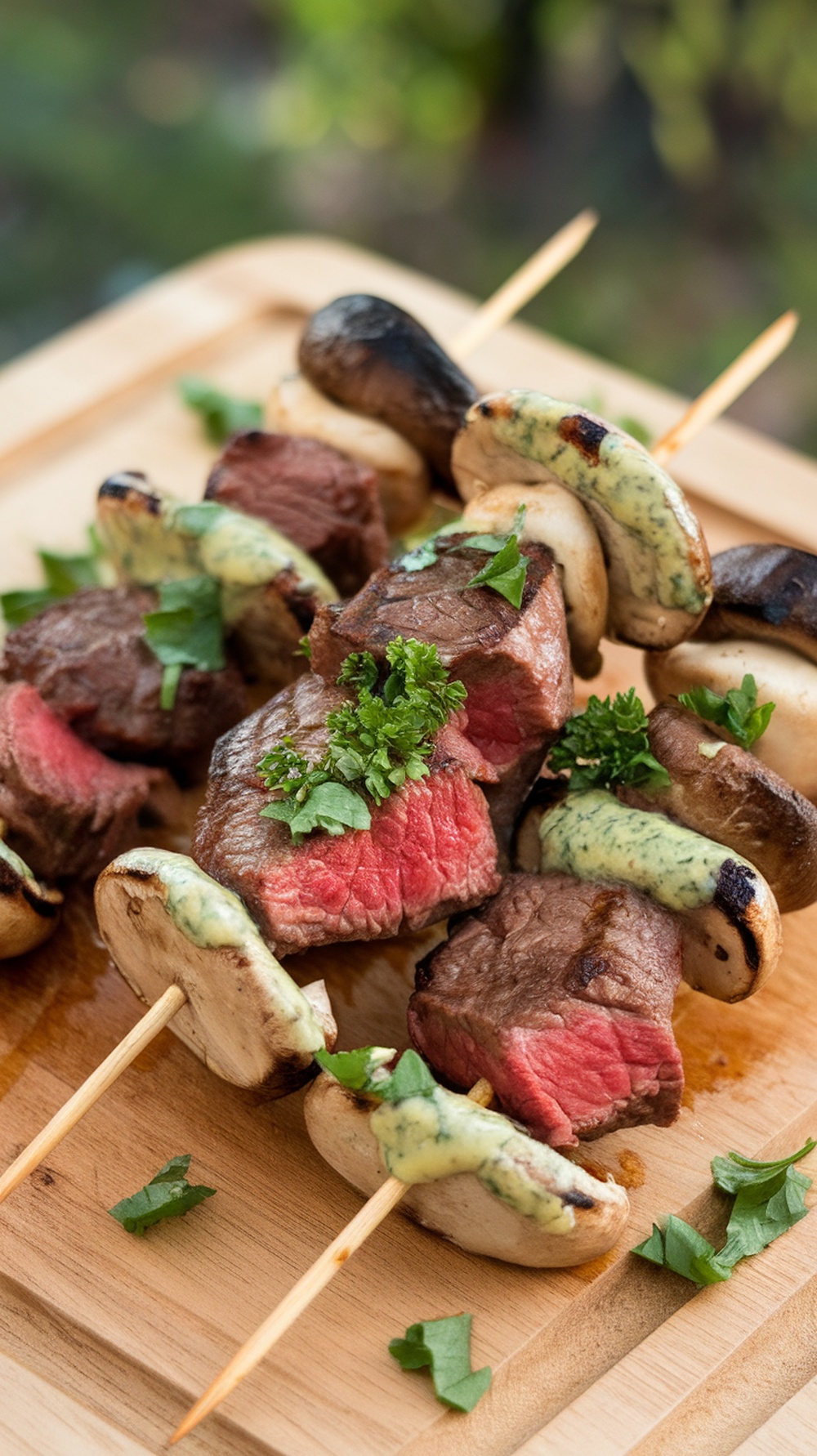 Garlic butter steak and mushroom skewers on a wooden platter