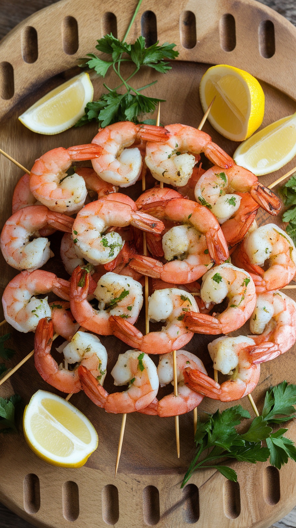 Garlic Herb Grilled Shrimp Skewers on a wooden platter with lemon wedges and parsley.