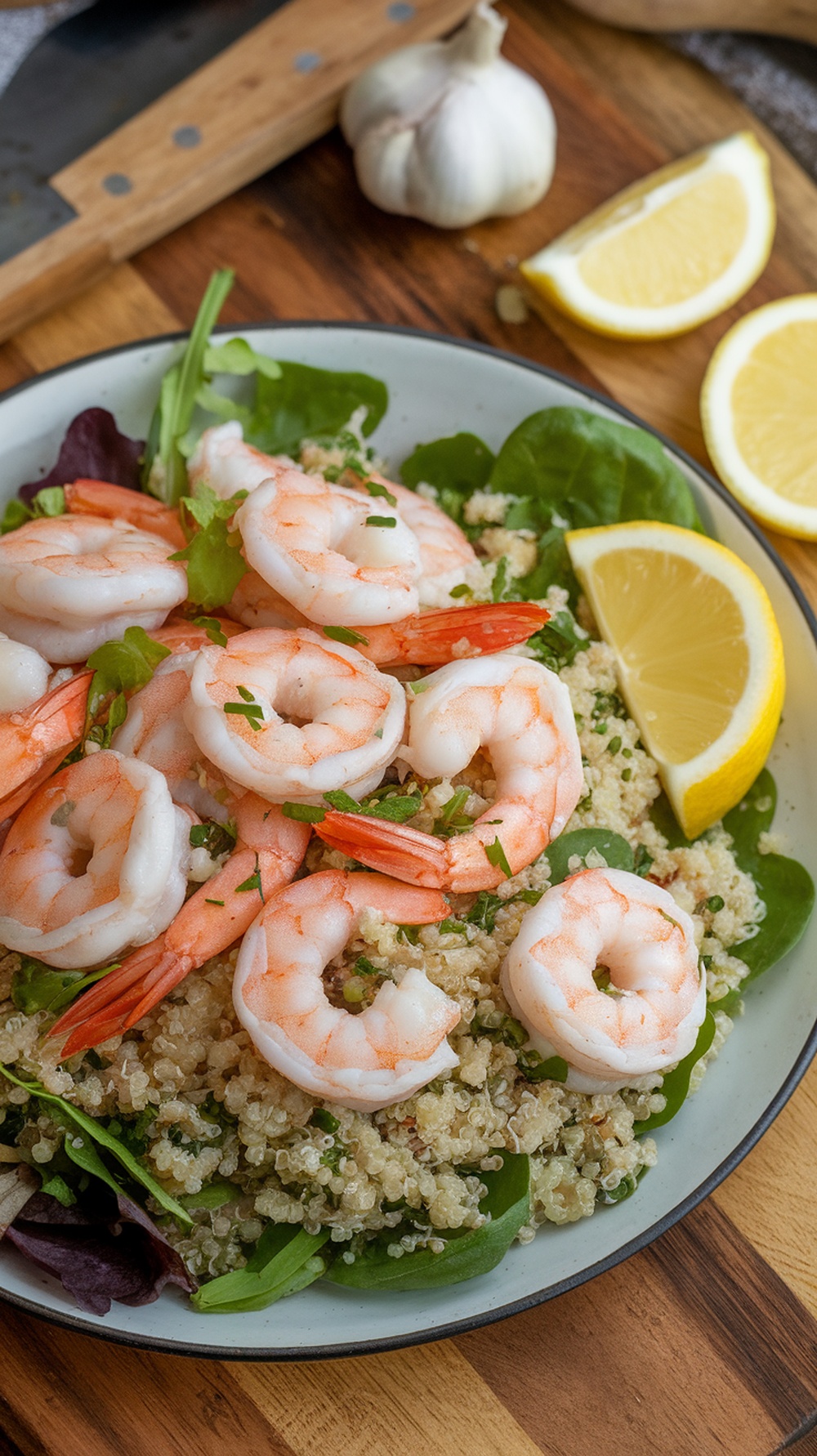 A vibrant Garlic Lemon Shrimp Salad with Quinoa, featuring shrimp on a bed of quinoa and greens, garnished with lemon slices.