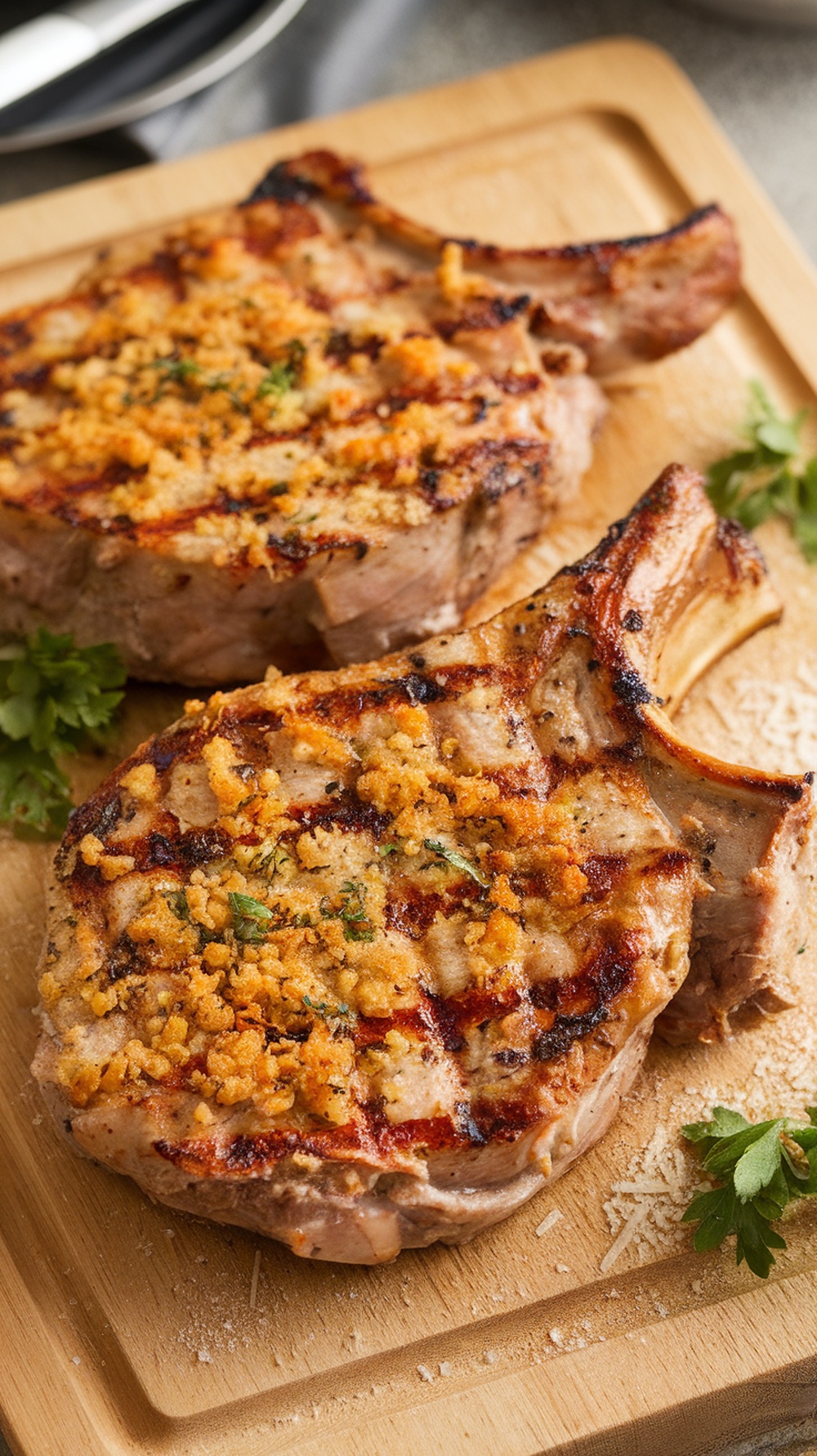 Garlic Parmesan Crusted Grilled Pork Chops on a wooden cutting board