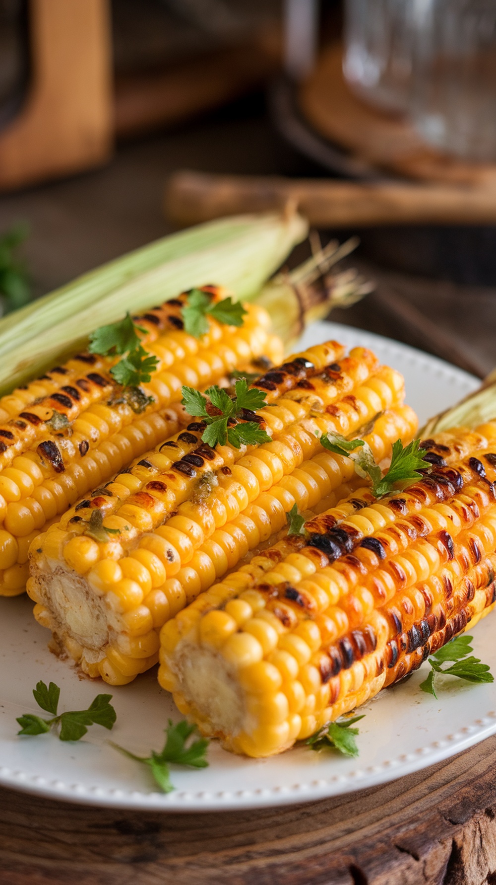 Grilled corn on the cob topped with garlic Parmesan and herbs