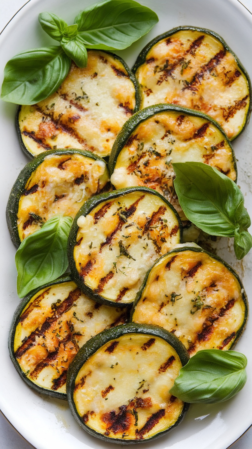 Grilled zucchini rounds topped with garlic and Parmesan cheese, garnished with basil leaves.