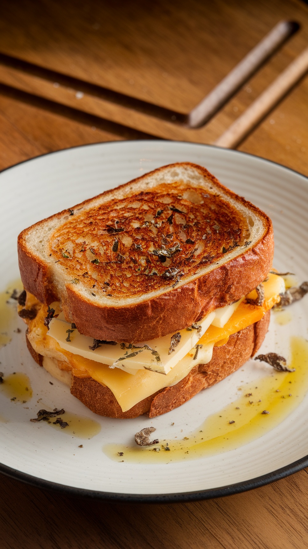 A gourmet grilled cheese sandwich made with truffle oil, served on a plate.