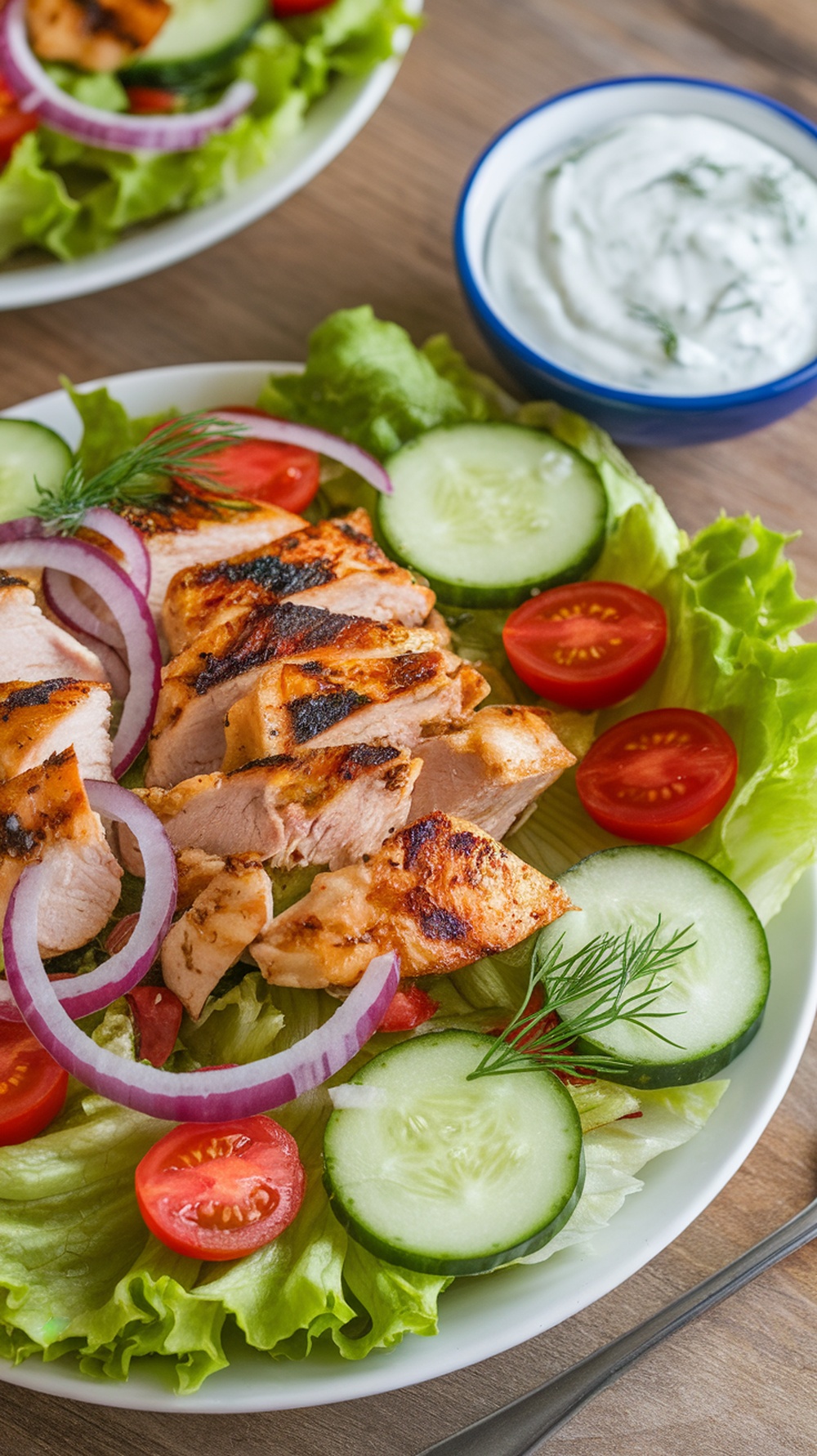 A vibrant Greek grilled chicken salad with tzatziki sauce, featuring sliced grilled chicken, fresh vegetables, and a creamy dip.