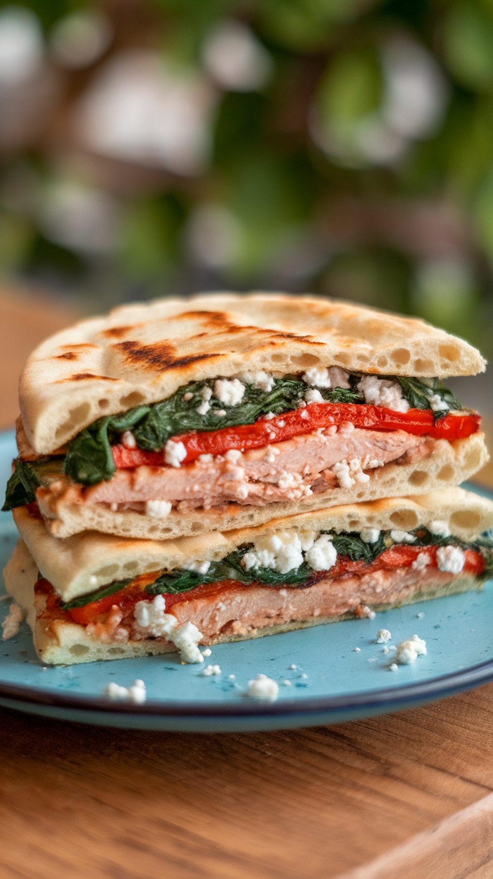 A Greek grilled chicken sandwich with feta, spinach, and roasted red peppers, cut in half and served on a blue plate.