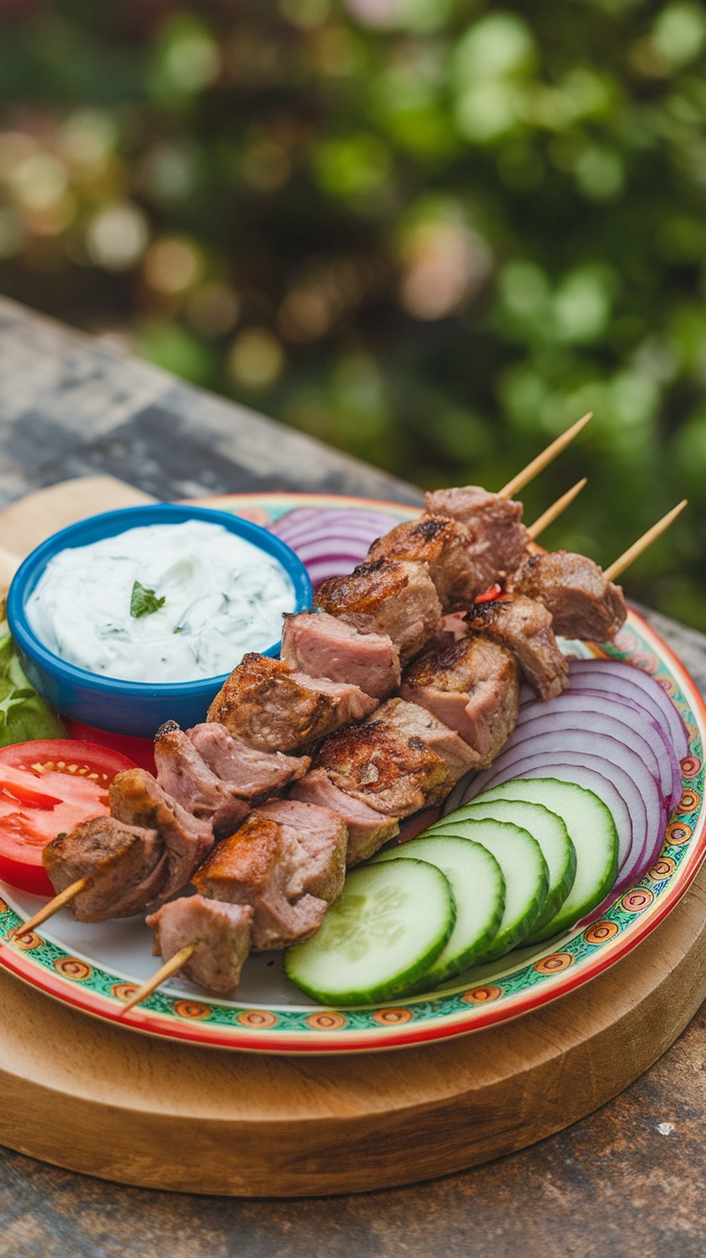 Greek Lamb and Tzatziki Kabobs on a plate with fresh vegetables and tzatziki sauce.