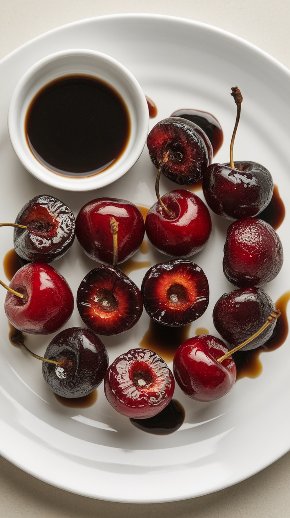 Grilled cherries with balsamic reduction on a plate