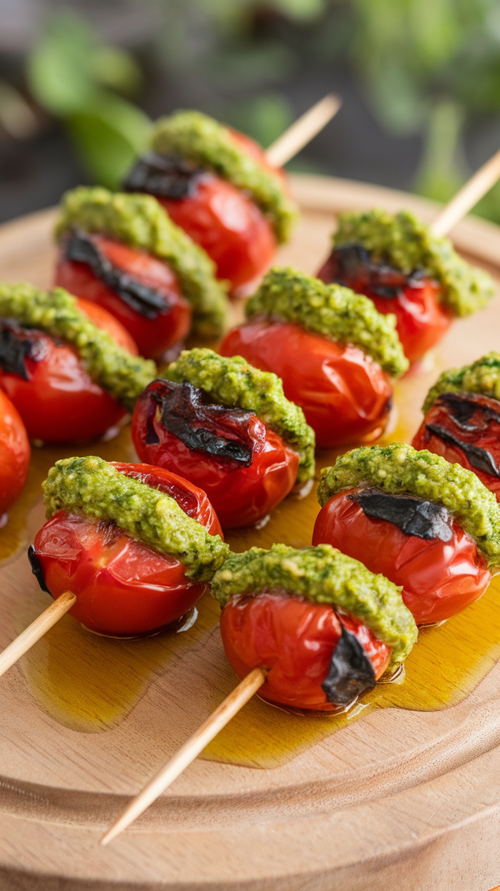 Grilled cherry tomatoes topped with basil pesto on skewers