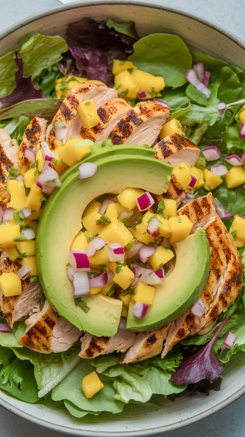 A colorful grilled chicken salad topped with avocado and mango salsa, served on a bed of mixed greens.