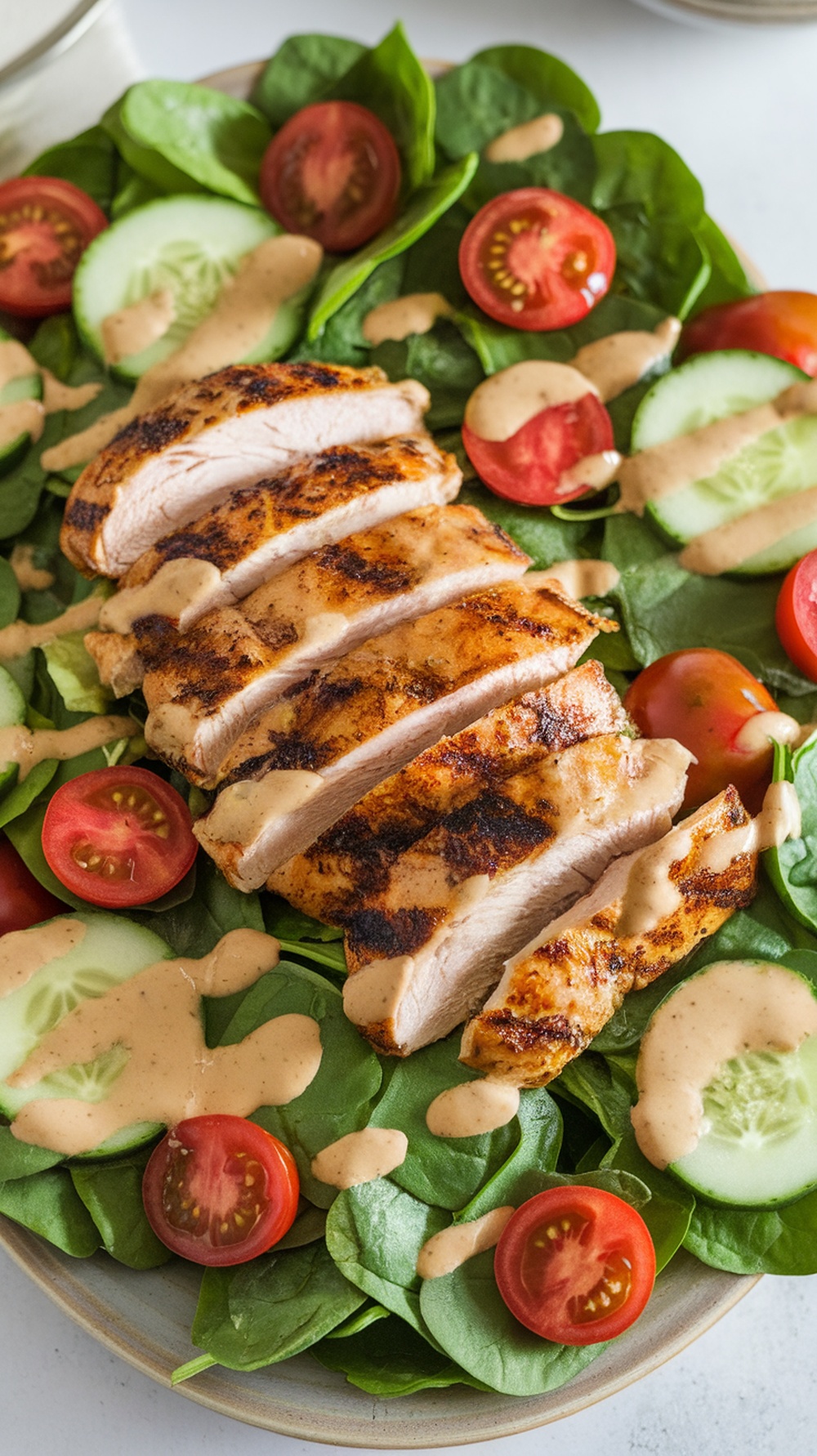A delicious grilled chicken spinach salad with honey mustard dressing, featuring sliced grilled chicken, cherry tomatoes, and cucumbers on a bed of fresh spinach.