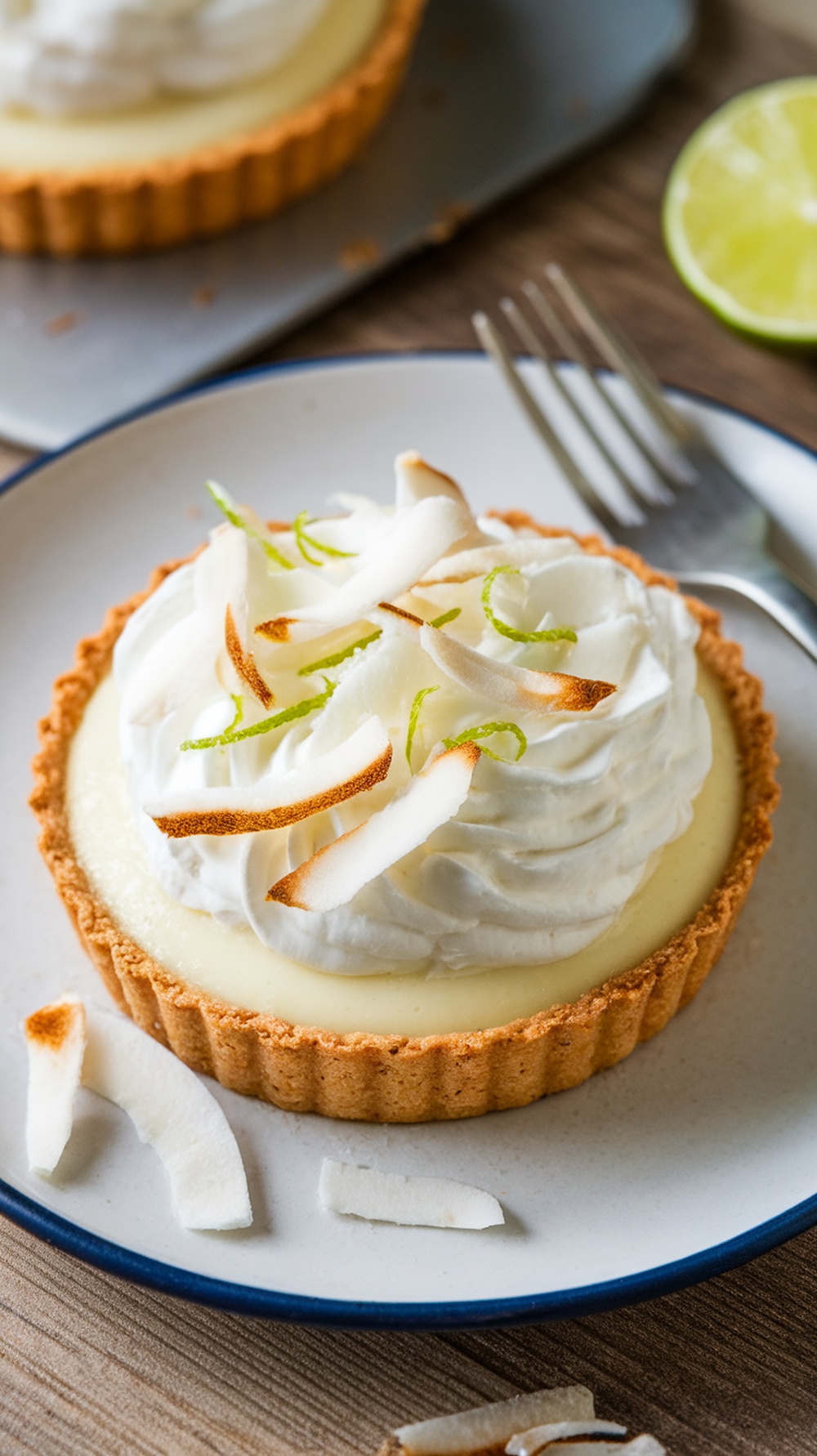 A delicious grilled coconut lime tart topped with whipped cream and toasted coconut flakes.