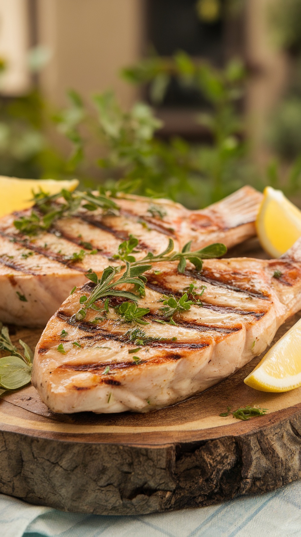 Grilled lemon herb swordfish steaks on a wooden platter with lemon wedges and herbs