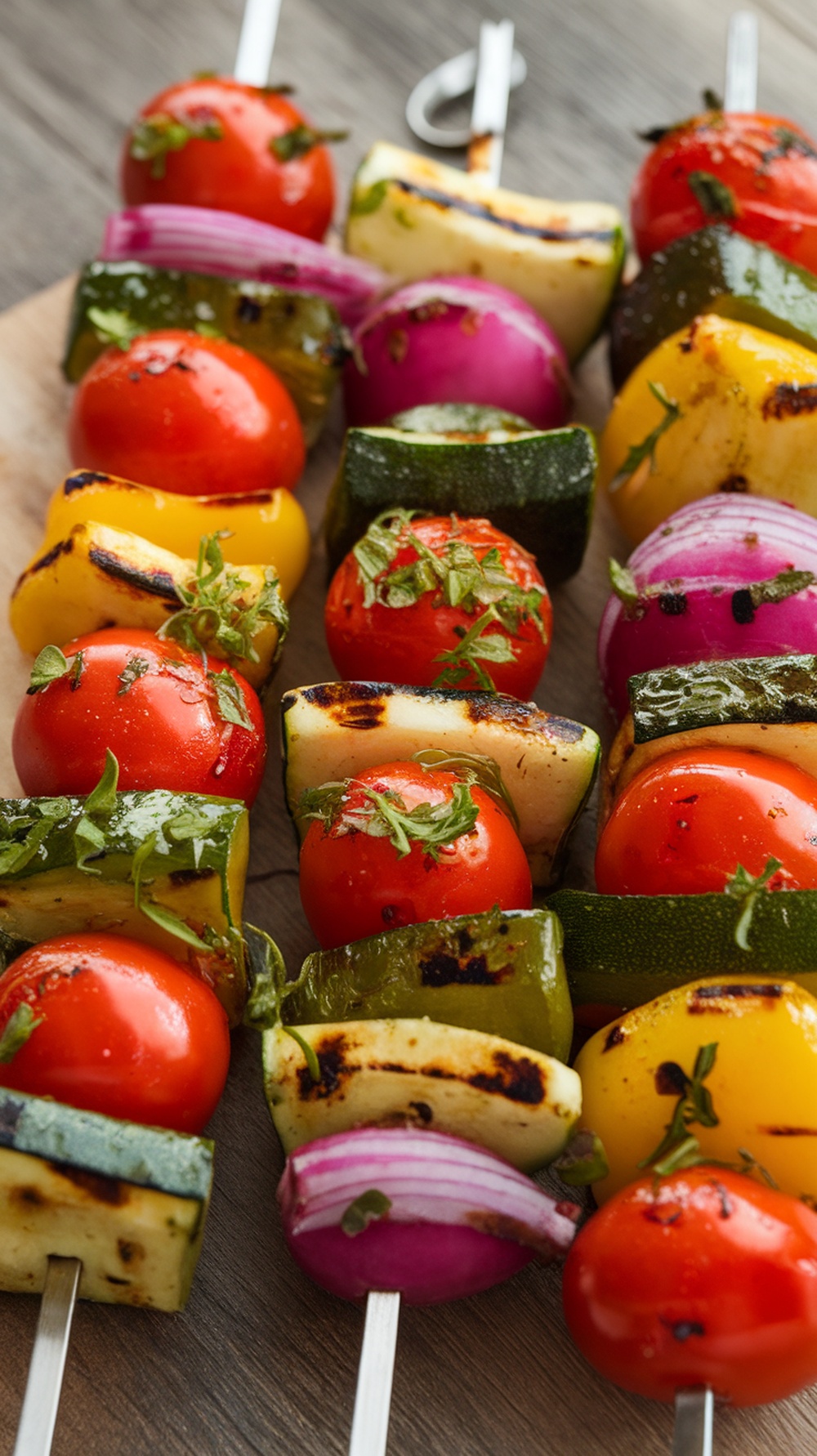 Colorful grilled vegetable skewers with zucchini, bell peppers, onions, and cherry tomatoes