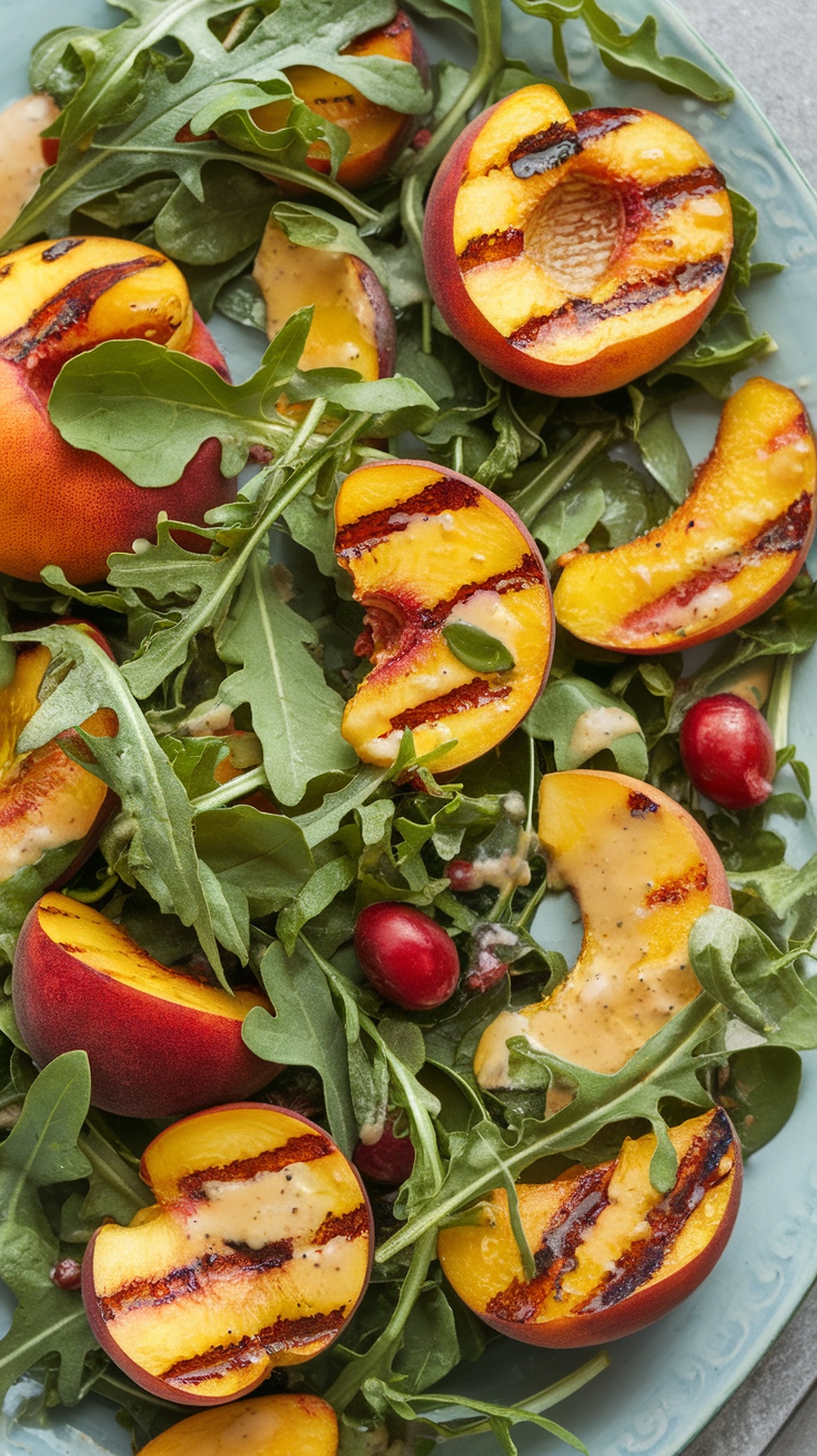 A vibrant salad featuring grilled peaches and arugula, garnished with feta cheese and walnuts.