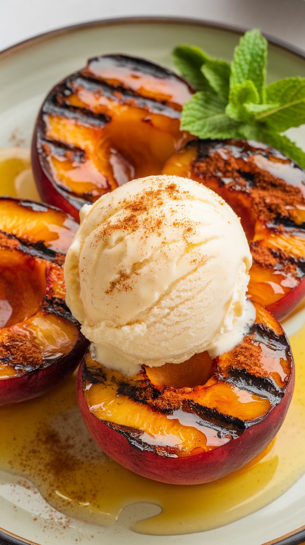 Grilled peaches with honey and cinnamon served with ice cream